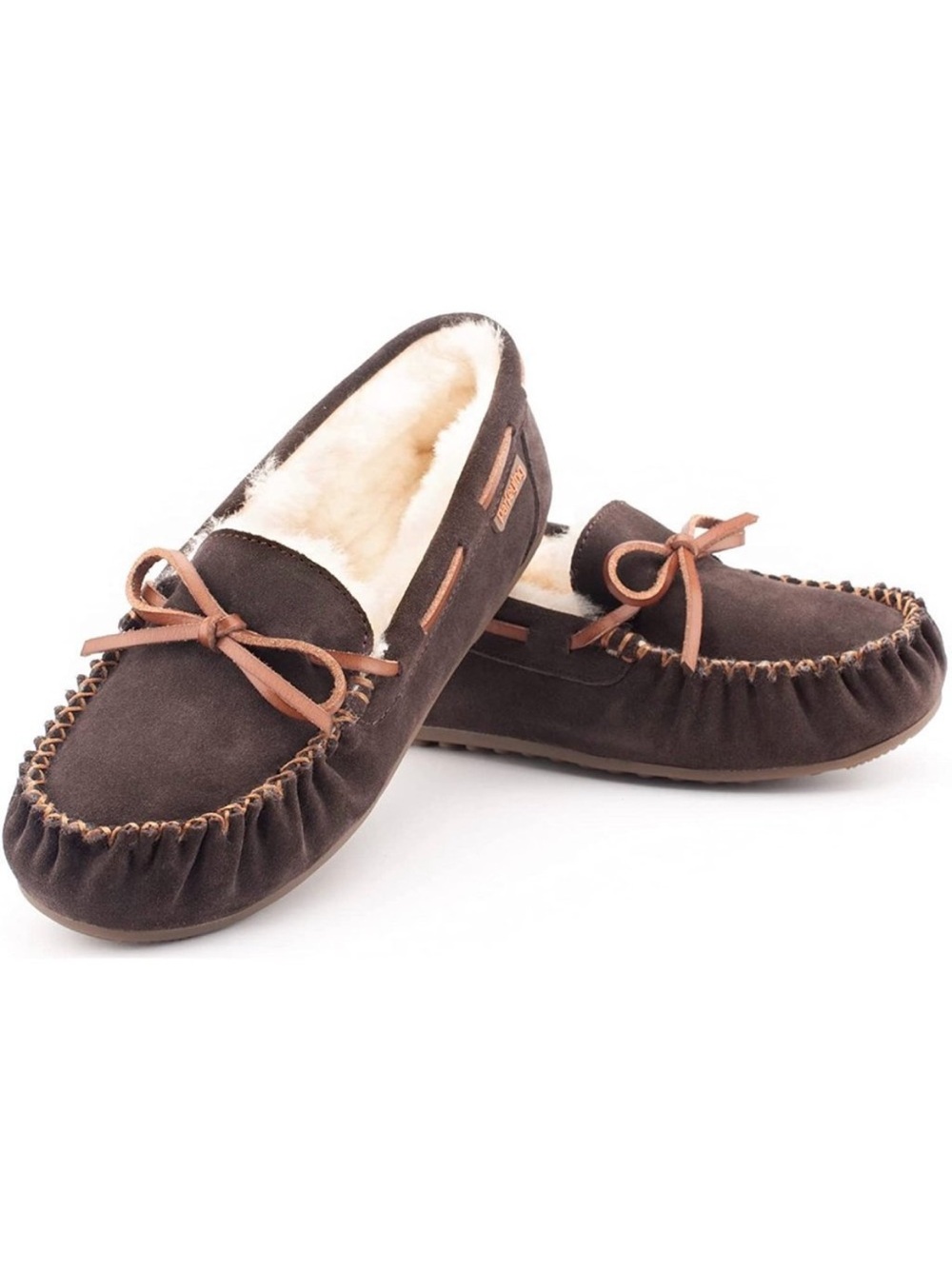 Women's Dark Brown Suede Moccasin Slippers with Faux Shearling Lining